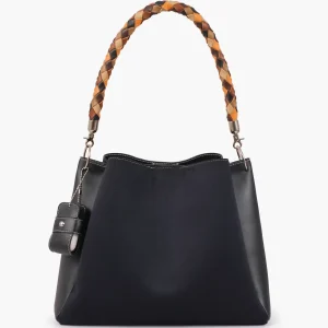 Black Suede Handbag with Braided Handle