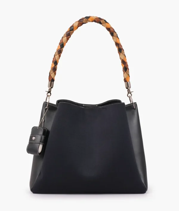 Black Suede Handbag with Braided Handle