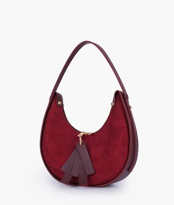 Burgundy Suede Crescent Hobo Bag