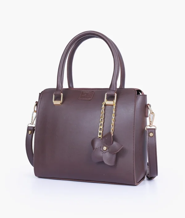 Dark Brown Handbag with Flower Charm