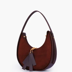 Dark Brown Suede Crescent Hobo Bag