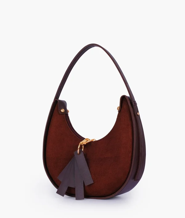 Dark Brown Suede Crescent Hobo Bag