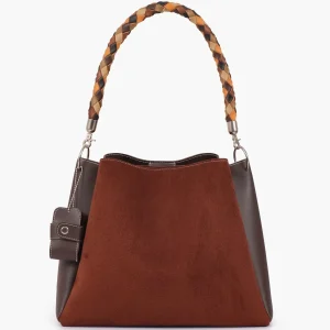 Dark Brown Suede Handbag with Braided Handle
