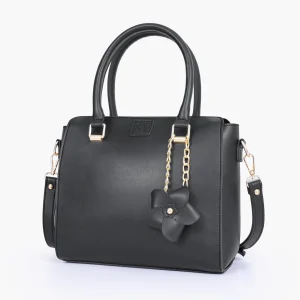 Elegant Black Handbag with Flower Charm